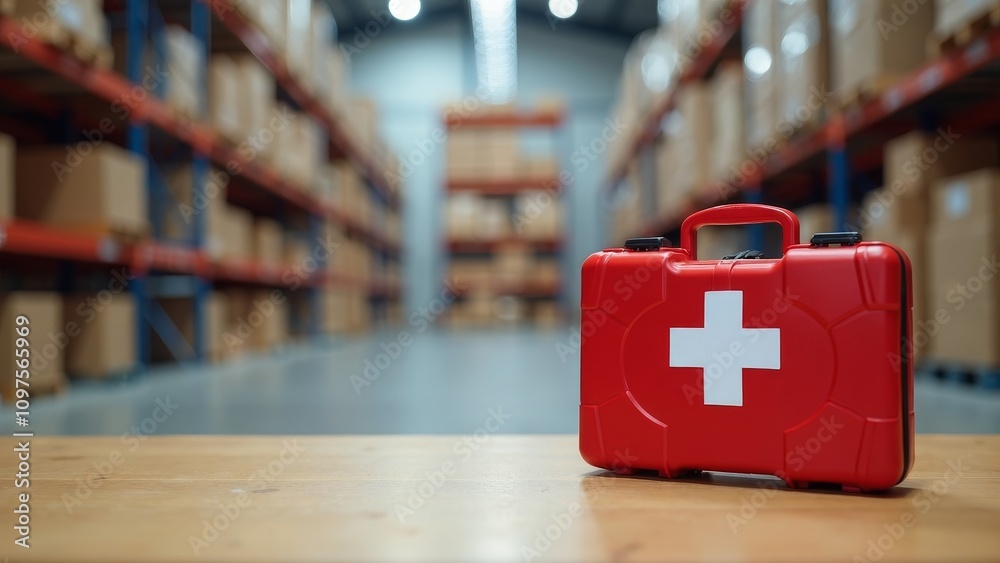 First aid kit placed strategically in a clean warehouse environment ...