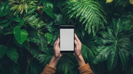 Poster - A person holding a smartphone with a blank screen, framed by greenery in the background for a natural touch