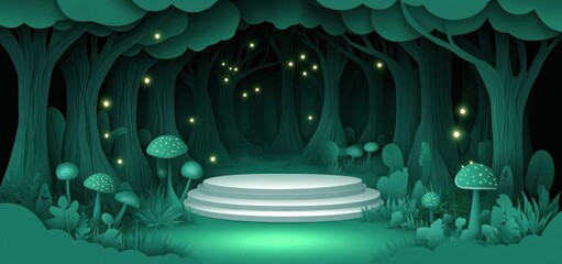 Wall Mural - a whimsical forest scene with glowing elements and a circular platform.