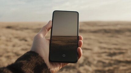 Poster - Blank smartphone held in landscape mode against a neutral background, perfect for digital content mockups