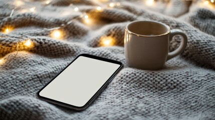 Poster - Blank smartphone mockup on a cozy blanket with a coffee mug and fairy lights, blending technology and lifestyle