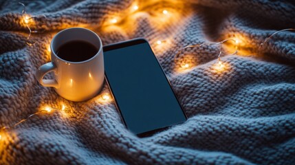 Poster - Blank smartphone mockup on a cozy blanket with a coffee mug and fairy lights, blending technology and lifestyle
