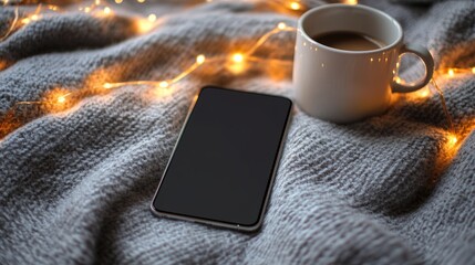 Poster - Blank smartphone mockup on a cozy blanket with a coffee mug and fairy lights, blending technology and lifestyle