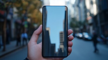Poster - Close-up of a blank smartphone mockup held in a hand, with a blurred urban background providing depth