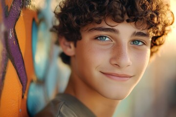 Smiling teenage boy with curly hair and blue eyes against vibrant graffiti background, showcasing youth and positivity in an urban setting.