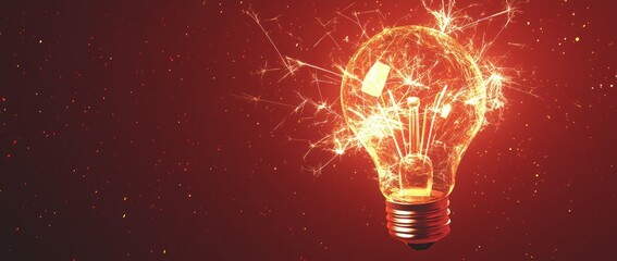 Wall Mural - a glowing light bulb with sparkles against a red background, symbolizing ideas and innovation.