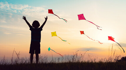 A boy is excited by the colorful kites in the sky during sunset.