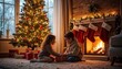 © Koala - Two siblings, a girl and a boy, sit by a beautifully decorated Christmas tree and a crackling fireplace, exchanging gifts.
