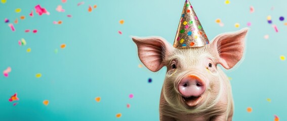 A cheerful pig wearing a party hat amidst colorful confetti, celebrating a festive occasion.