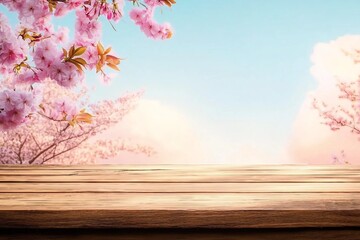 Wall Mural - Top of wood table with pink cherry blossom flower on sky background - Empty ready for your product display or montage