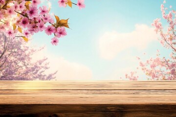 Wall Mural - Top of wood table with pink cherry blossom flower on sky background - Empty ready for your product display or montage