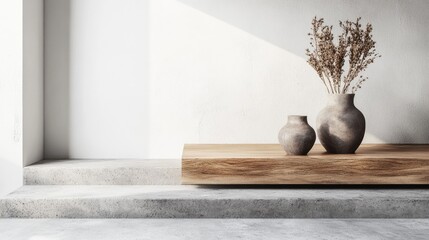 Poster - Minimalistic Interior Design Featuring Two Elegant Vases with Dried Flowers on a Wooden Platform Against a Bright Light Wall, Perfect for Modern Home Decor Inspiration