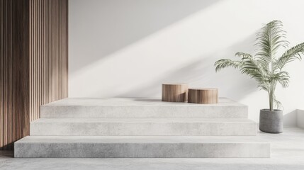 Poster - Modern Minimalist Interior with Light-Colored Concrete Steps and Natural Wood Accents, Featuring a Potted Plant in a Bright and Airy Space