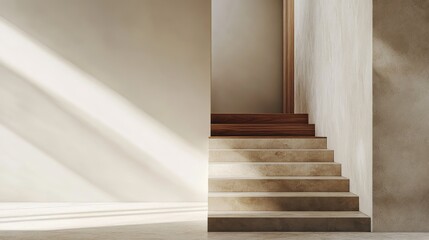 Poster - Minimalist Interior Scene with Natural Light and Textured Walls Highlighting a Simple Staircase Leading to a Bright and Open Space