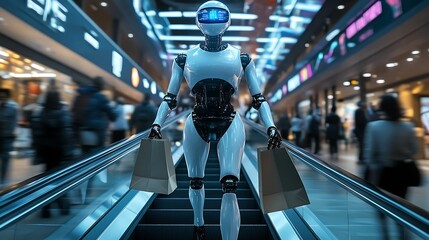 Poster - Futuristic Robot Shopping in Modern Mall with Shopping Bags on Escalator : Generative AI