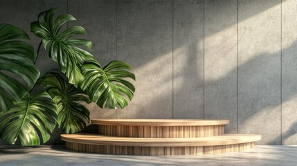 Poster - Modern Minimalist Interior with Curved Wooden Display Steps and Lush Monstera Leaves in a Light-Filled Contemporary Space for Design Inspiration