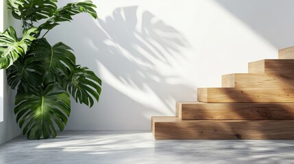 Poster - Modern Interior Design Featuring Wooden Steps and Vibrant Green Leafy Plant Casting Shadows on Minimalist Wall in a Bright Space