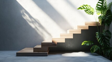 Poster - Modern Minimalist Wooden Stairs with Natural Light and Lush Green Plants in Contemporary Interior Design for Stylish Living Spaces