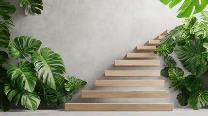 Poster - Modern Wooden Stairs Surrounded by Tropical Green Plants Against a Soft Textured Wall Creating a Tranquil Interior Garden Atmosphere for Design Inspirations