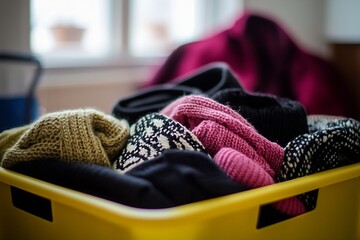 Poster - Colorful Cozy Sweaters in Bright Yellow Basket by Window Light : Generative AI