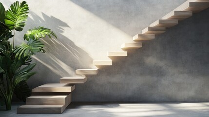 Poster - Minimalistic wooden staircase design with lush green plant in bright interior space, showcasing modern architecture and natural light elements
