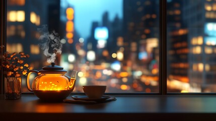 Fototapete - Cozy Evening with Steaming Tea by Window Overlooking City Lights : Generative AI
