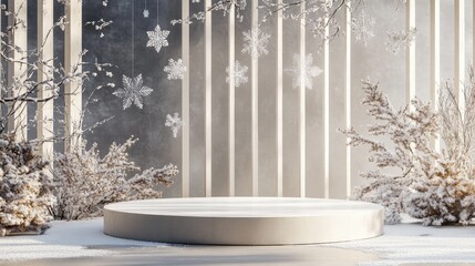 Poster - Minimalist Winter Scene Featuring Circular Platform Surrounded by Snow-Covered Plants and Frosted Wall with Decorative Snowflakes Enhancing the Serene Atmosphere