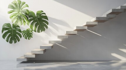 Poster - Elegant Modern Staircase Design with Natural Greenery and Soft Light, Showcasing Minimalist Architecture and Stylish Interior Decor in Contemporary Home Setting