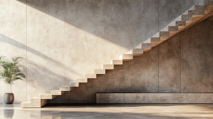 Poster - Modern Minimalist Staircase Design in a Bright Sunlit Interior Featuring Clean Lines and Neutral Tones with Indoor Plant Decoration