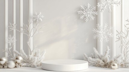 Poster - Elegant Winter Scene with White Snowflakes, Frosted Plants, and a Round Display Stand for Product Photography and Holiday Decor Concepts
