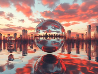 Poster - Abstract Artistic View of Cityscape at Sunset Reflected in Glass Spheres Over Water Surface : Generative AI