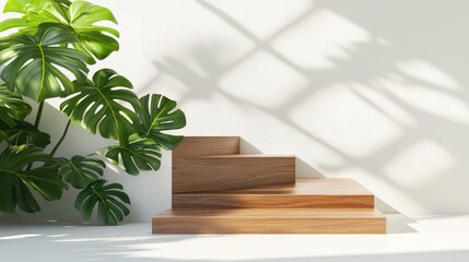 Poster - Modern Minimalist Wooden Stairs with Green Plant Against a Soft Neutral Background Showcasing Natural Light and Shadow Play for Interior Design Inspiration