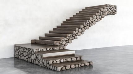 Poster - Modern Architectural Design of a Unique Staircase Featuring Wooden Steps and Stone Base, Perfect for Contemporary Interior Spaces and Renovation Projects
