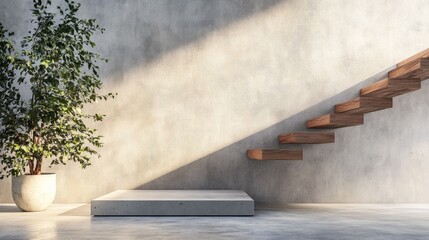 Poster - Modern minimalist interior design featuring a wooden staircase, concrete platform, and a potted plant casting shadows against a textured wall in a bright space