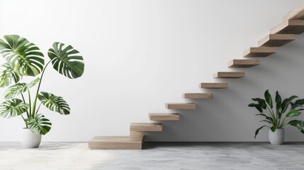 Poster - Modern Interior Design Featuring Floating Stairs and Lush Green Plants in Minimalist Space with Neutral Color Palette and Natural Light
