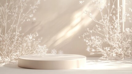 Poster - Serene Minimalist Setting with Soft Lighting and Delicate Floral Elements, Ideal for Product Photography and Elegant Displays in Neutral Tones