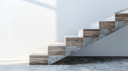 Poster - Modern Minimalist Staircase Design with Wooden and Concrete Elements in Bright Sunlit Interior Stunning Architectural Feature for Contemporary Spaces