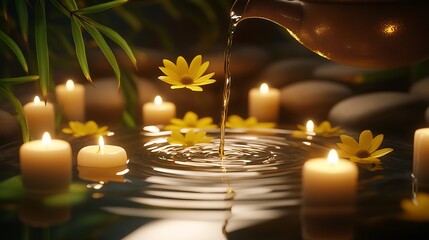 Poster - Serene Spa Ambiance with Gentle Water Pour and Floating Yellow Flowers and Candles : Generative AI