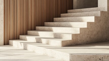 Poster - Elegant Modern Staircase Design Featuring Smooth Concrete Steps Against Warm Wooden Wall Elements in Architectural Interior Space