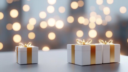 Poster - Three white boxes with gold ribbons on top of a table