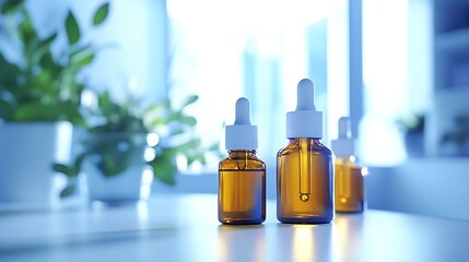 Poster - Modern Natural Living Concept with Amber Bottles and Houseplants : Generative AI
