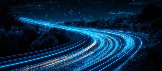 Aufkleber - Digital Highway with Flowing Light Trails Under Starry Night Sky in Futuristic Landscape : Generative AI
