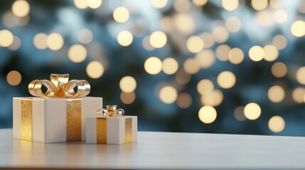 Poster - Three white boxes with gold ribbons on top of a wooden table