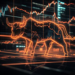 Poster - Futuristic Financial Bull Hologram on Digital Stock Market Display : Generative AI