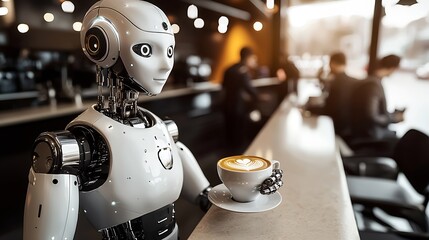 Poster - Futuristic Robot Serving Coffee in Modern Cafe Setting with Warm Ambient Lighting : Generative AI