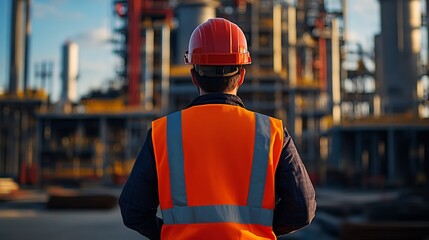 Poster - Construction Worker in High Visibility Gear with Industrial Machinery in Background : Generative AI