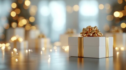 Poster - A white box with a gold bow on top of it is the center of attention in a room wi