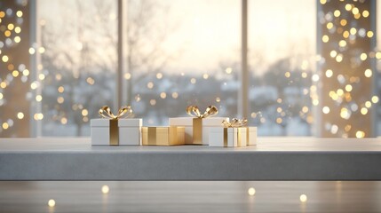 Poster - A table with a stack of white boxes with gold ribbons on top