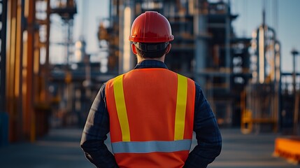 Poster - Rear View of Construction Worker Overlooking Industrial Site during Golden Hour : Generative AI
