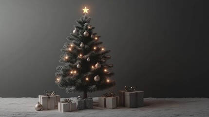 Poster - A Christmas tree with a star on top and lights on it